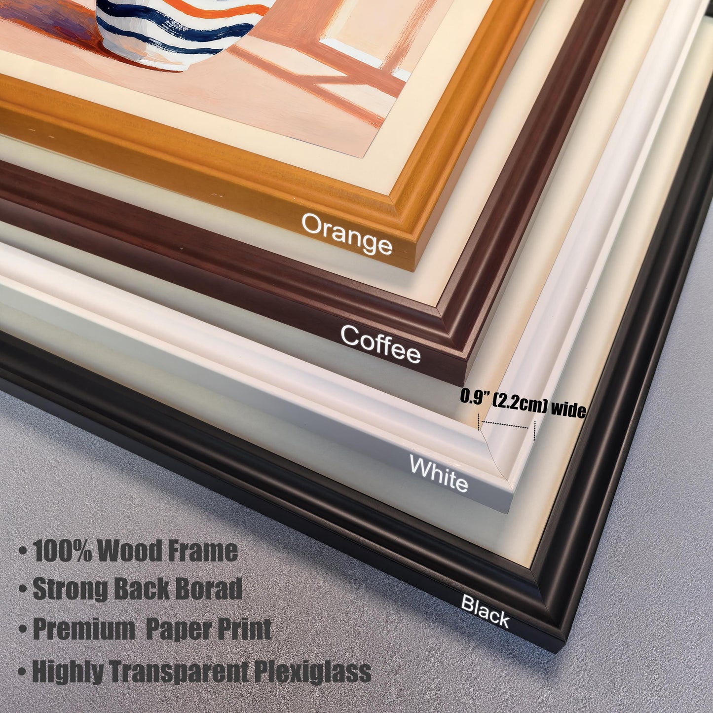A stack of four wooden frames in different colors: orange, coffee, white, and black. A note indicates the frame width is 0.9 inches (2.2 cm) and other material specs.