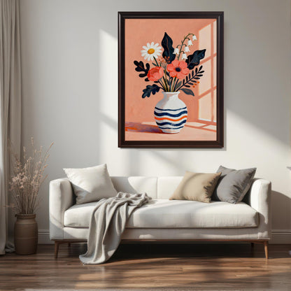 A framed art print featuring a vase of flowers in a coffee-colored frame hanging above a light-colored sofa with pillows, demonstrating how the art looks in a home setting.