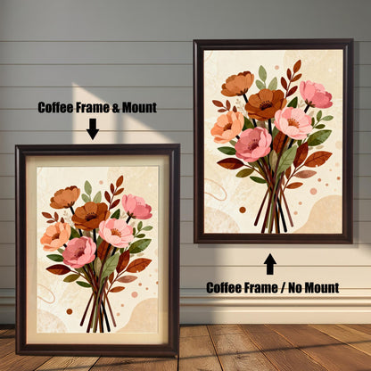 A side-by-side comparison of a floral art print in a coffee-colored frame. The print on the left includes a white mat ("mount"), while the one on the right does not.