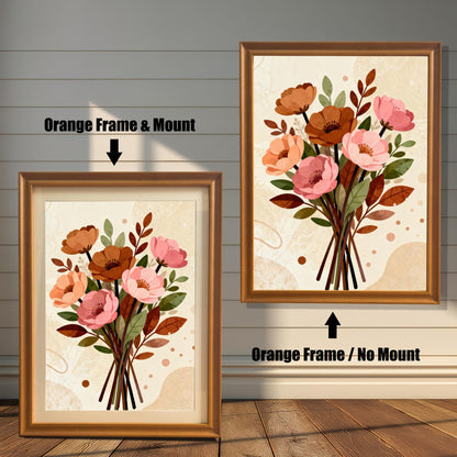 A side-by-side comparison of a floral art print in an orange frame. The print on the left includes a white mat ("mount"), while the one on the right does not.