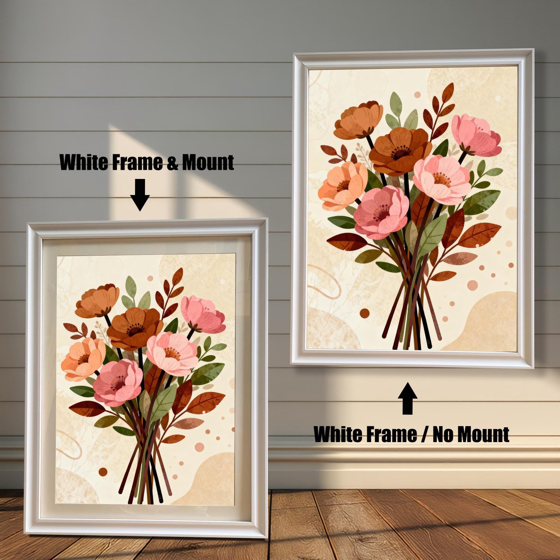 A side-by-side comparison of a floral art print in a white frame. The print on the left includes a white mat ("mount"), while the one on the right does not.