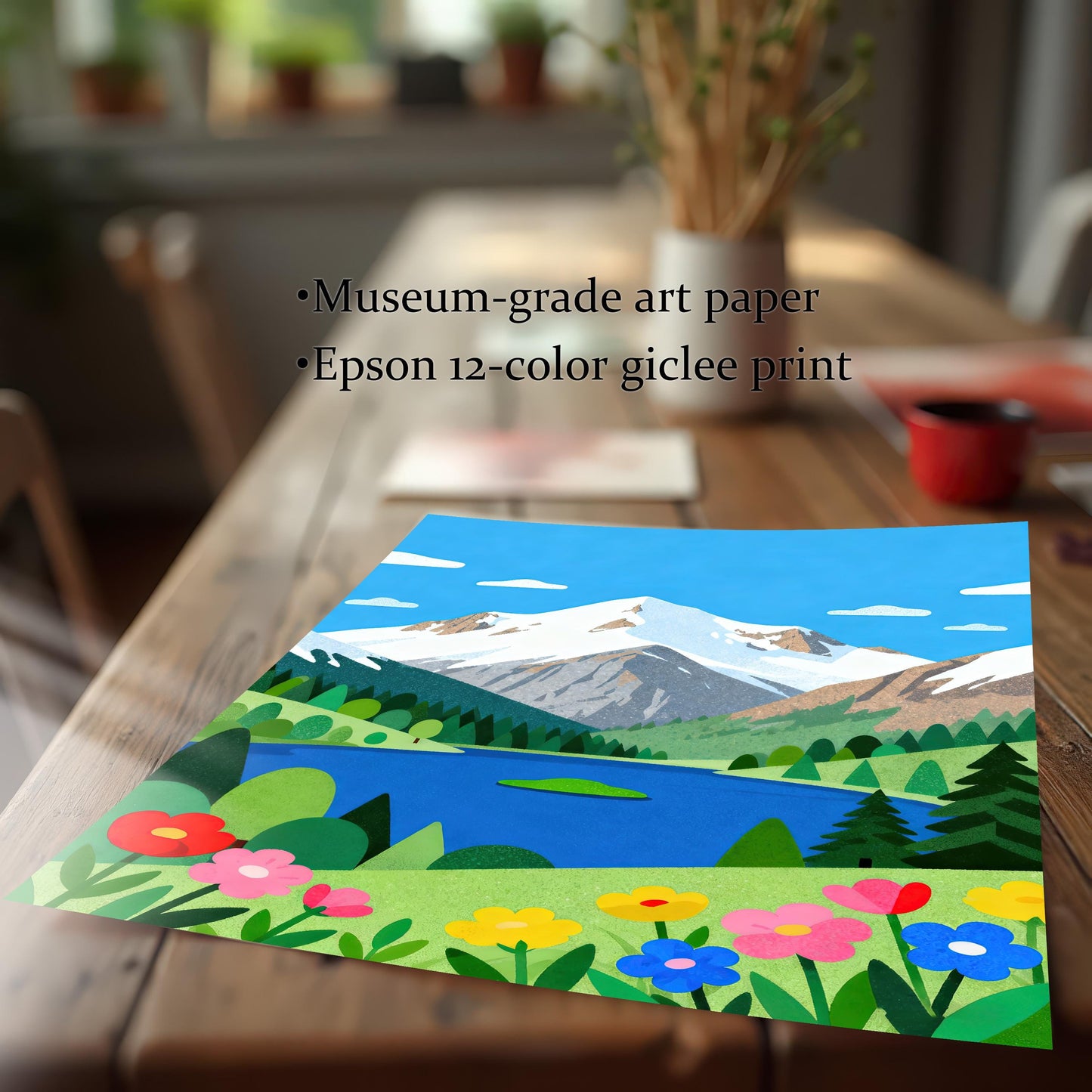 An unframed art print of a mountain lake scene rests on a wooden dining table. Text describes it as a museum-grade giclee print.