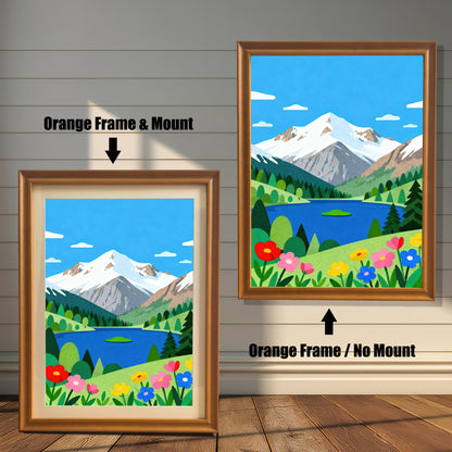 A side-by-side comparison of a mountain lake art print in an orange frame, one with a white matting and one without.