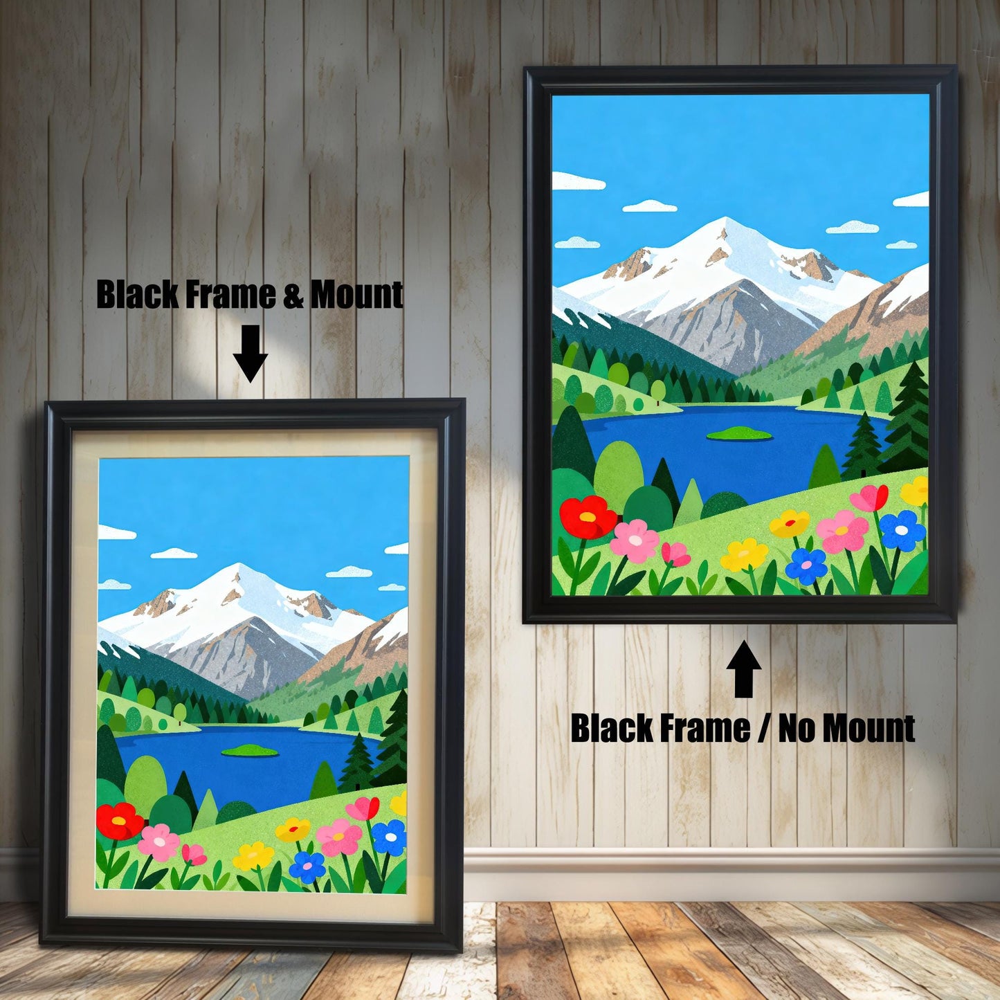 A side-by-side comparison of a mountain lake art print in a black frame, one with a white matting and one without.