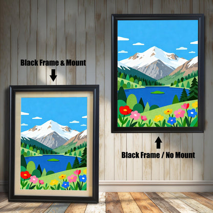A side-by-side comparison of a mountain lake art print in a black frame, one with a white matting and one without.