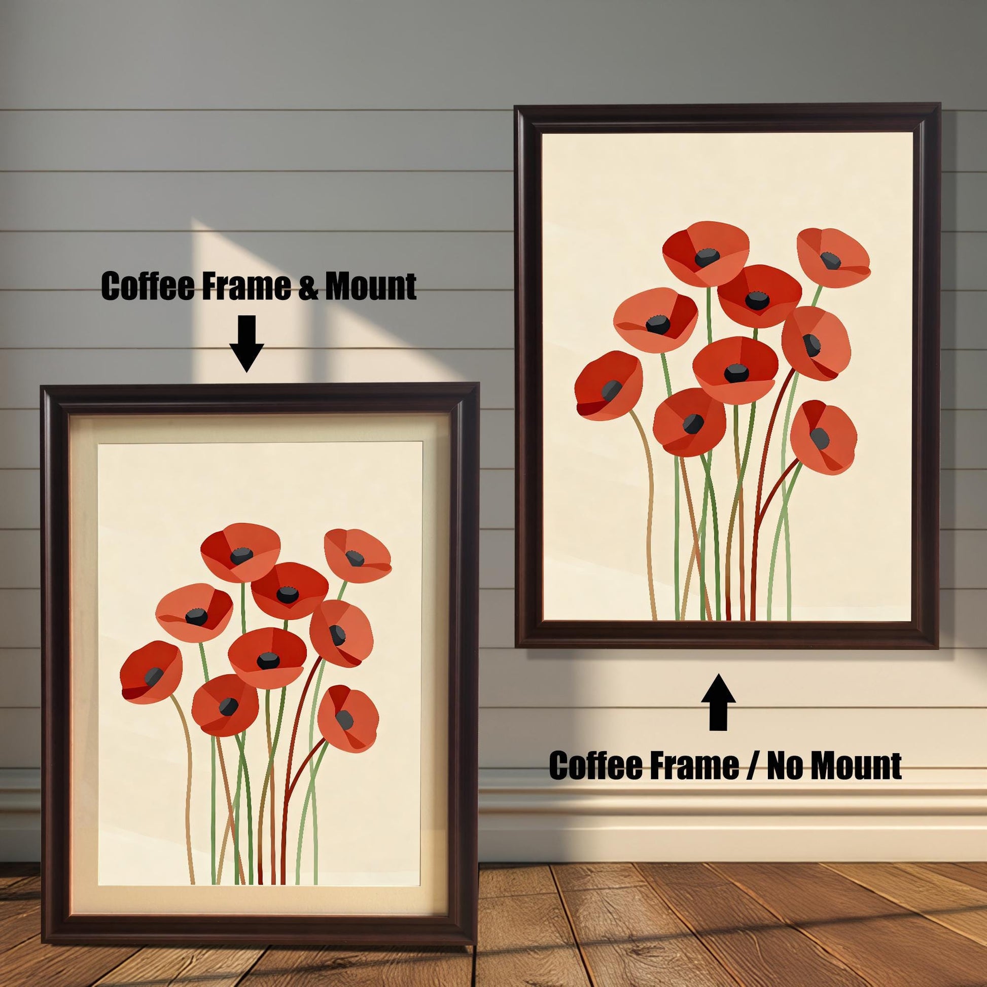 Two framed abstract poppy prints with a dark brown frame. One has a white matting, and the other does not.