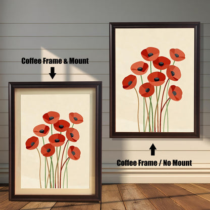 Two framed abstract poppy prints with a dark brown frame. One has a white matting, and the other does not.