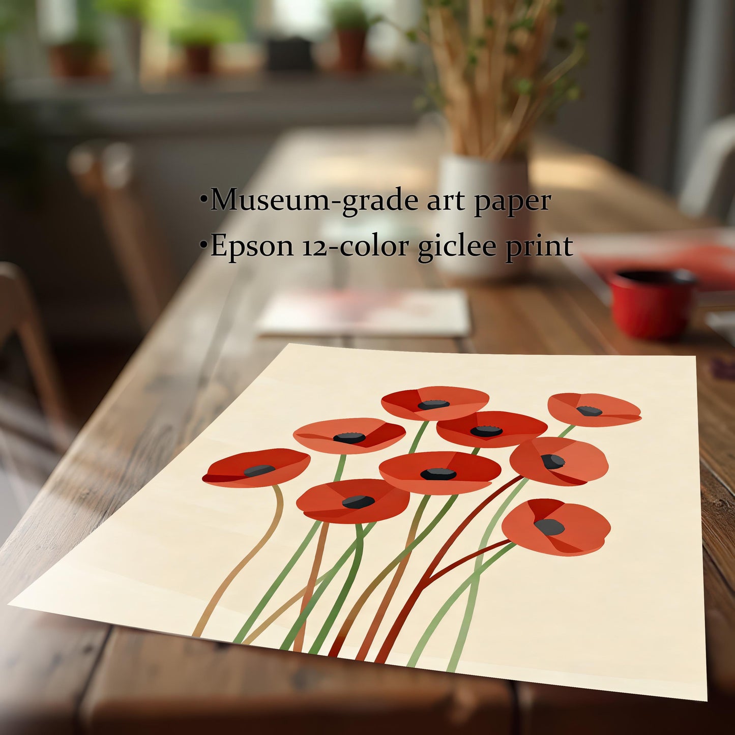 A flat lay of an unframed abstract poppy print on a wooden table, with text noting it's a museum-grade art print.