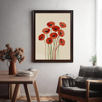 An abstract poppy print in a dark brown frame hangs on a white textured wall in a room with a wooden table and a leather chair.