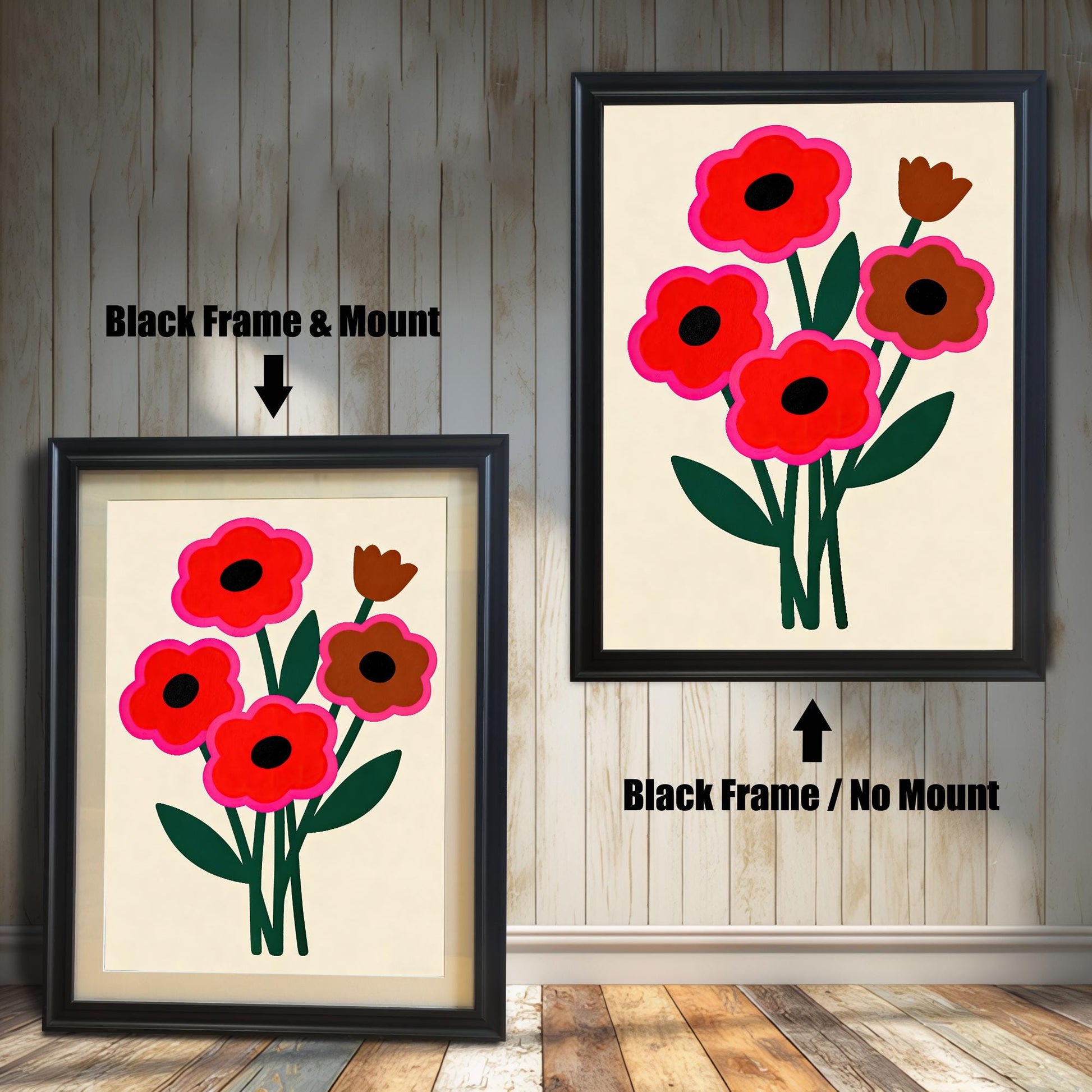 Two framed abstract floral paintings with red and brown flowers and a black frame. One has a white matting, and the other does not.