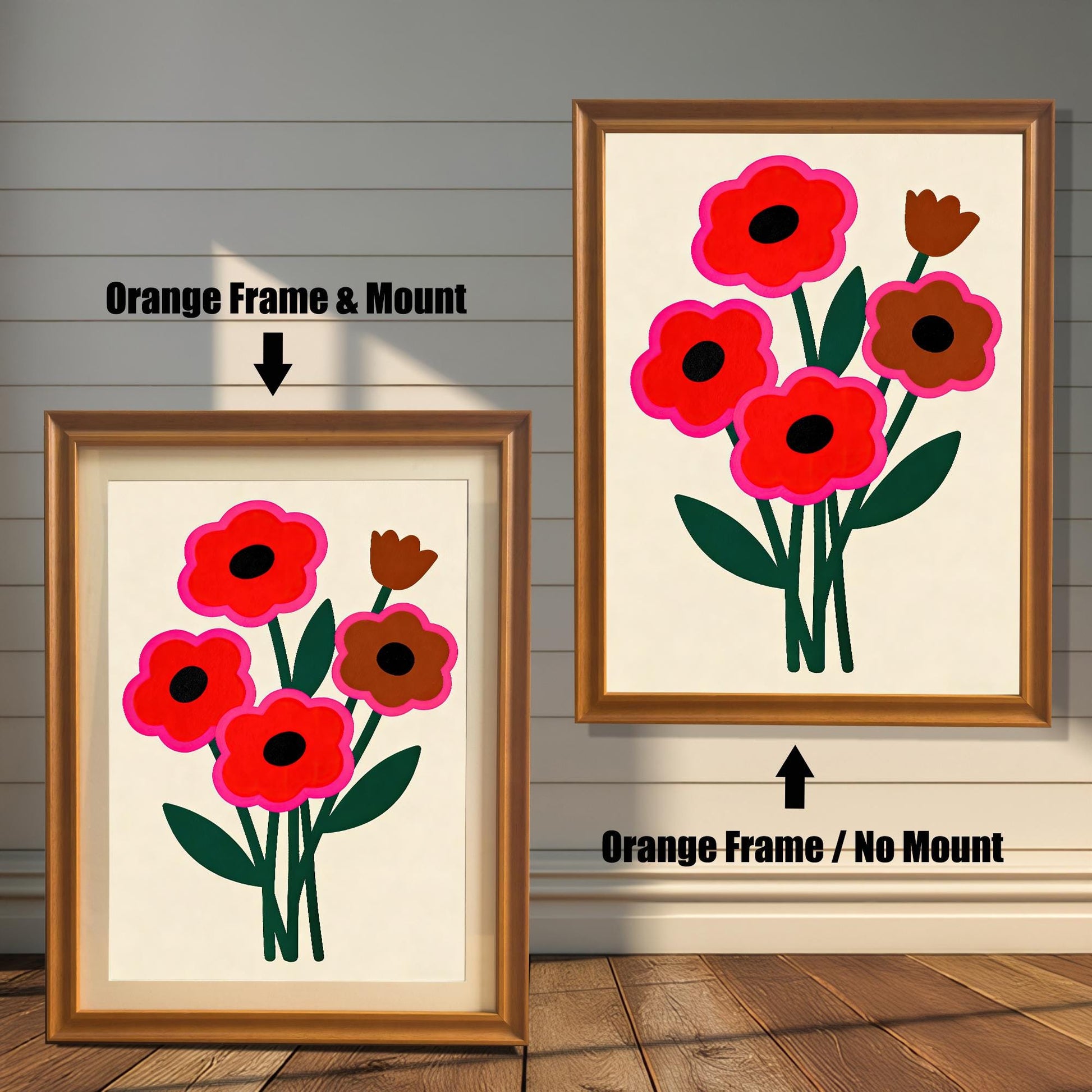 Two framed abstract floral paintings with red and brown flowers and a warm orange frame. One has a white matting, and the other does not.
