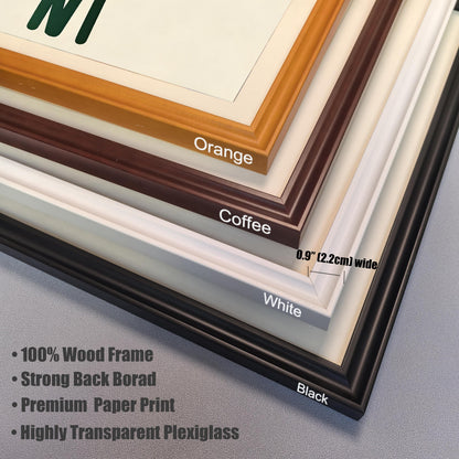 A close-up corner view of four different frame styles: orange, coffee (dark brown), white, and black. A ruler shows the frame is 0.9 inches wide.