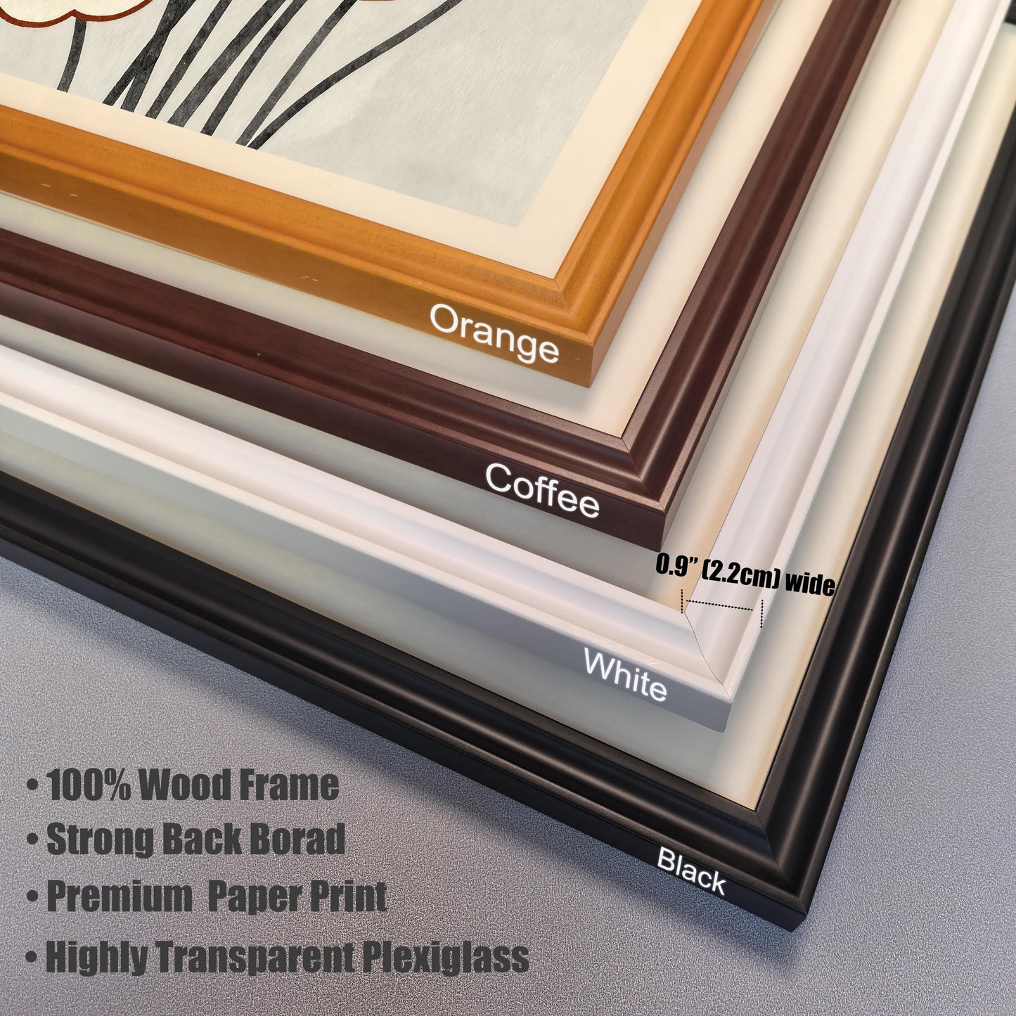 A close-up corner view of four different frame styles: orange, coffee (dark brown), white, and black. A ruler shows the frame is 0.9 inches wide.