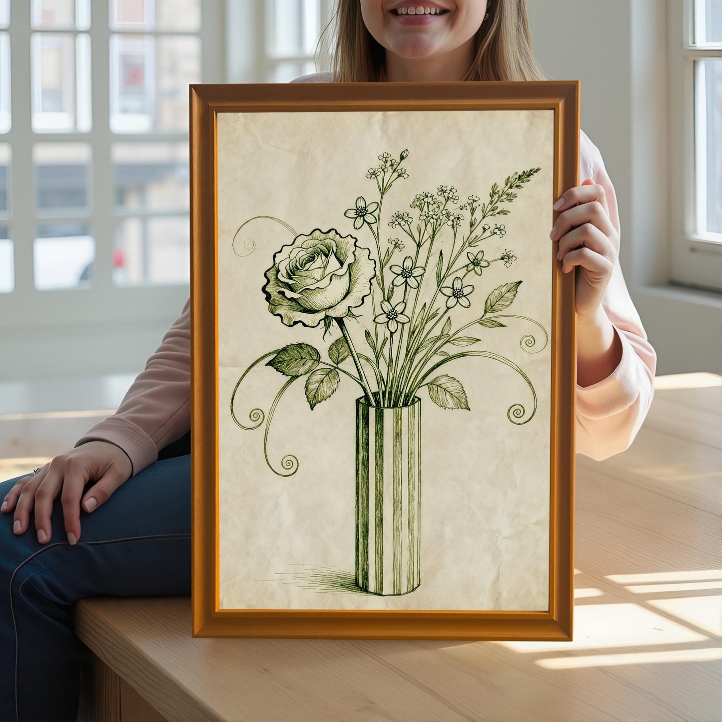 A woman holds a framed art print of a vintage-style rose and flowers in a vase. She is sitting on a wooden bench with a large window behind her.