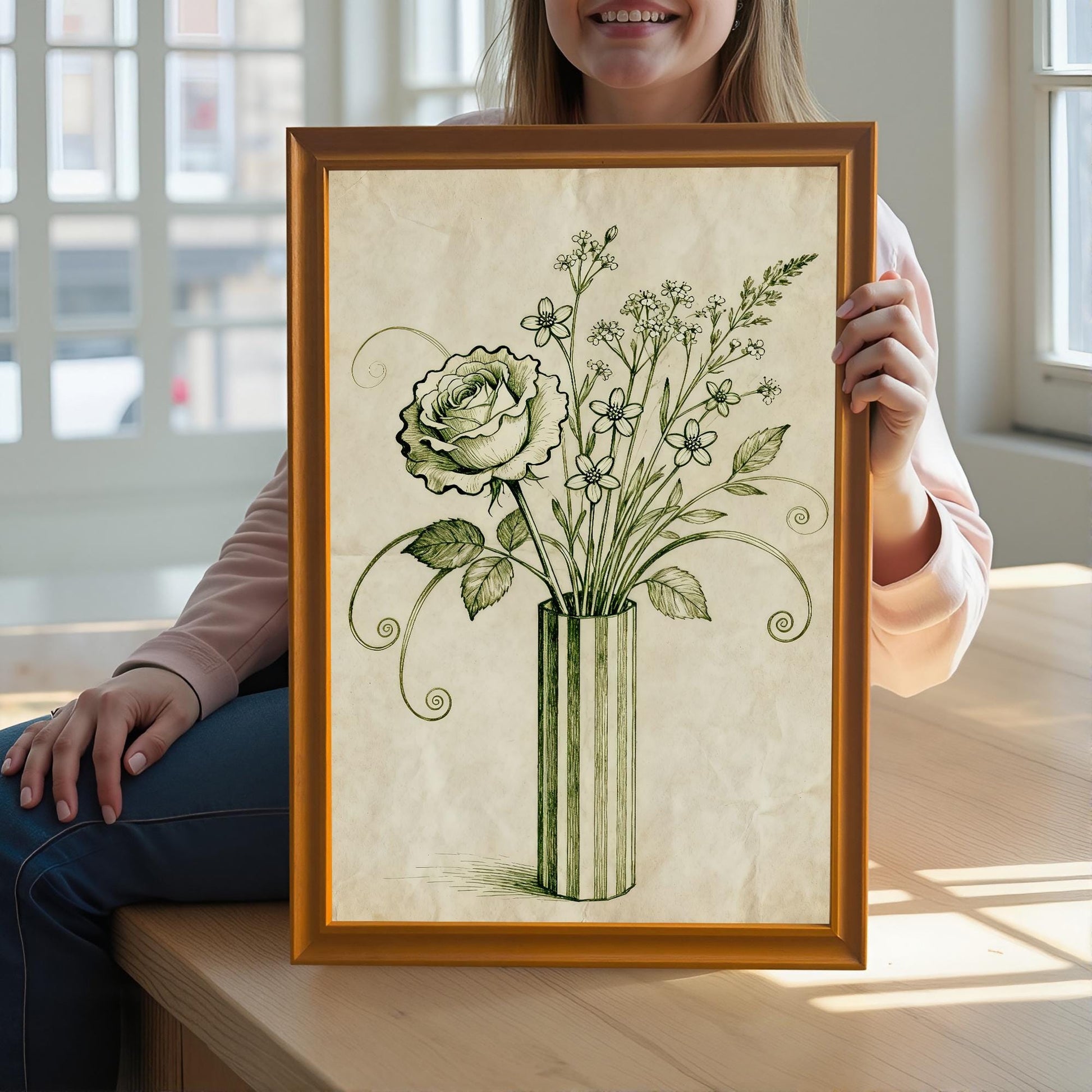 A woman holds a framed art print of a vintage-style rose and flowers in a vase. She is sitting on a wooden bench with a large window behind her.