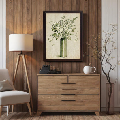 A framed art print of a vintage-style rose and flowers in a vase hangs above a wooden dresser. The room has a wood-paneled wall, a floor lamp, and a plant.