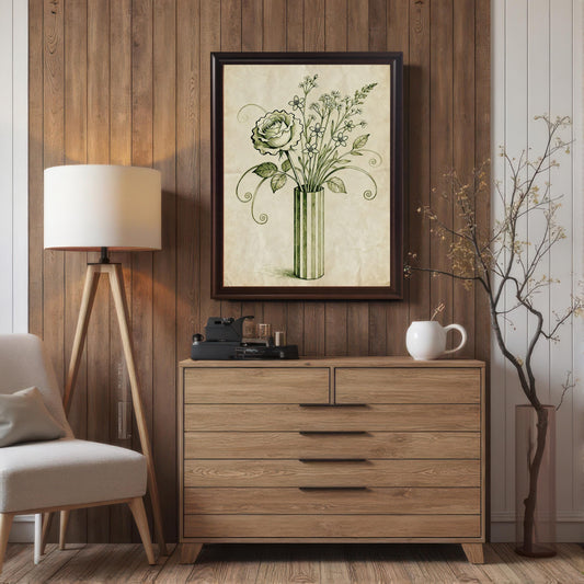 A framed art print of a vintage-style rose and flowers in a vase hangs above a wooden dresser. The room has a wood-paneled wall, a floor lamp, and a plant.