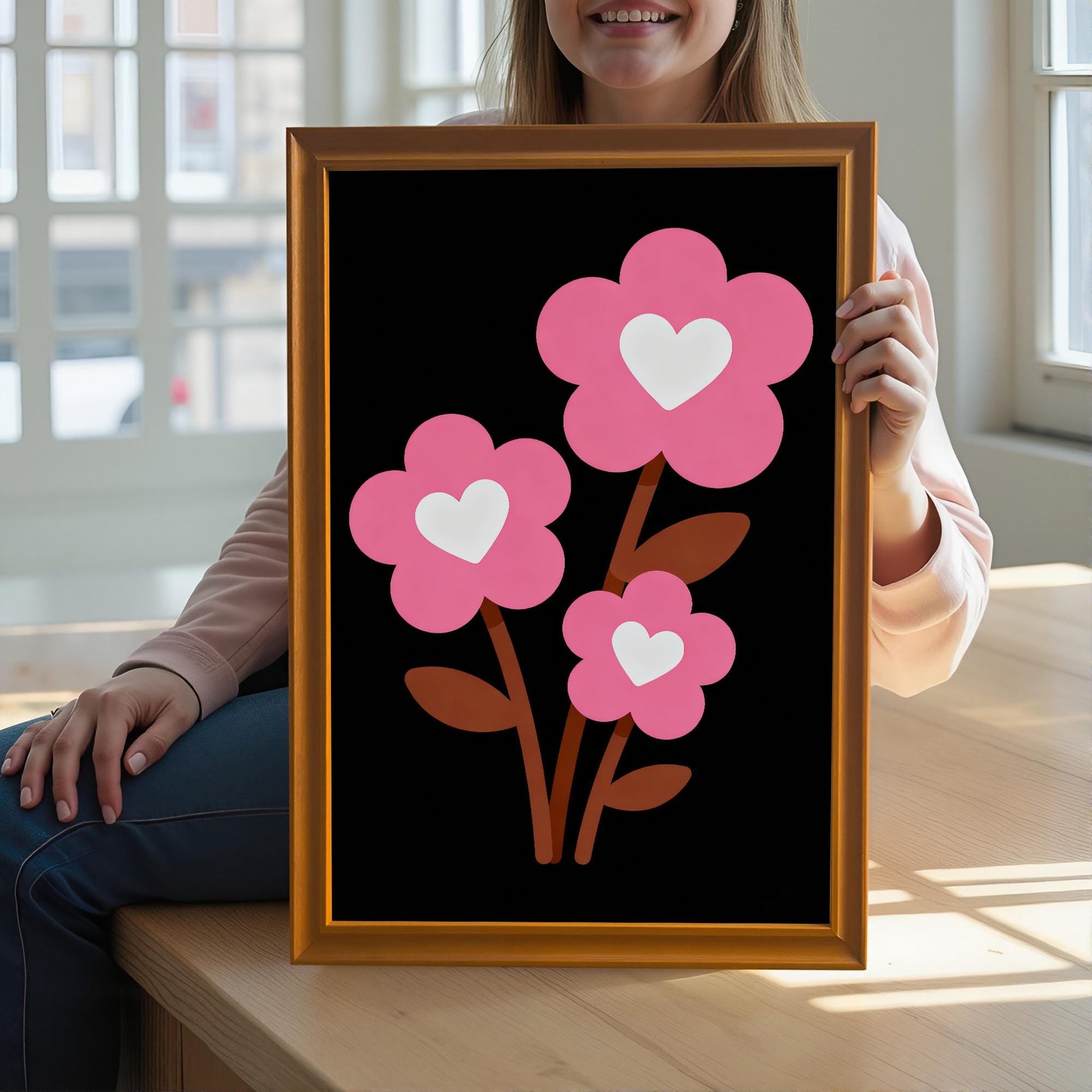 A woman holds a framed art print of three pink flowers with white hearts in the center against a black background.