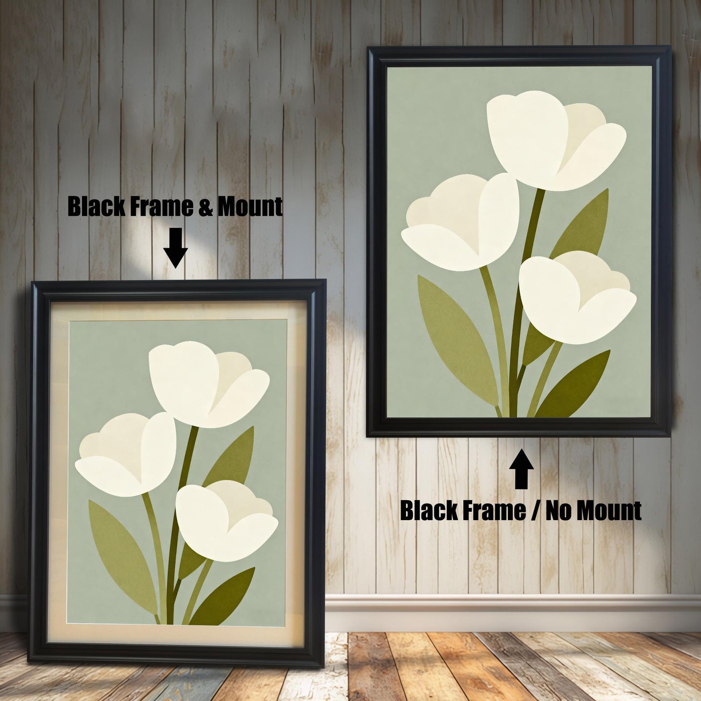 A framed art print of three white tulips is shown in two styles against a wooden wall. One has a black frame with a white mount, the other is a larger size with the same frame, but no mount.