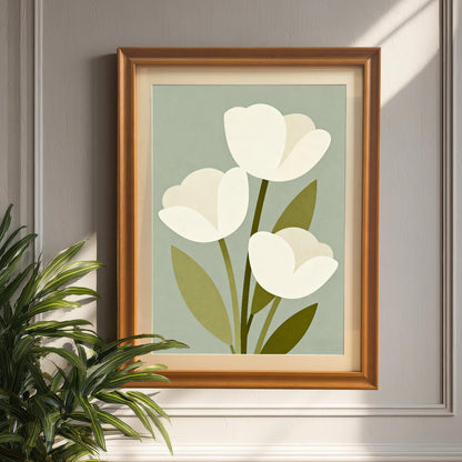 A framed art print of three white tulips hangs on a paneled white wall with a large green plant in the foreground. Sunlight casts a bright shadow on the wall.