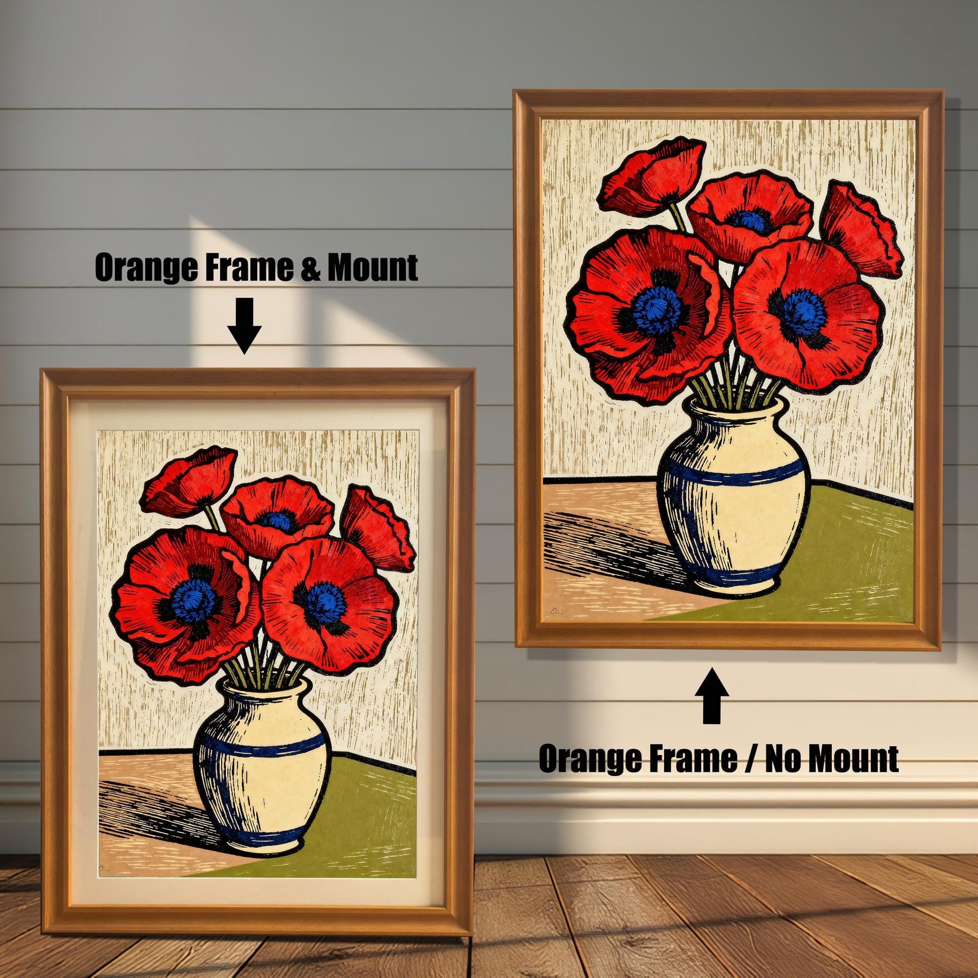 A framed art print of a vase of red poppies is shown in two styles against a wooden wall. One has an orange-colored frame with a white mount, the other is a larger size with the same frame, but no mount.