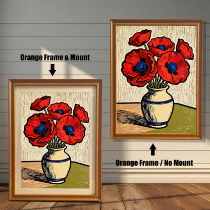 A framed art print of a vase of red poppies is shown in two styles against a wooden wall. One has an orange-colored frame with a white mount, the other is a larger size with the same frame, but no mount.