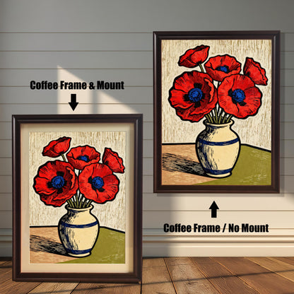 A framed art print of a vase of red poppies is shown in two styles against a wooden wall. One has a coffee-colored frame with a white mount, the other is a larger size with the same frame, but no mount.