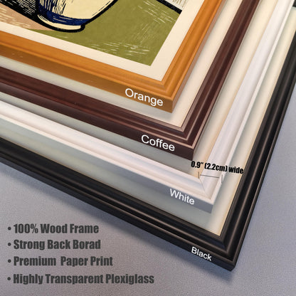 A corner view of four different frame color options stacked on top of each other: orange, coffee, white, and black. A ruler indicates the frame width is 0.9 inches.