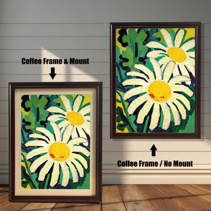 A framed painting of two daisies is shown in two styles against a wooden wall. One has a coffee-colored frame with a white mount, the other is a larger size with the same frame, but no mount.