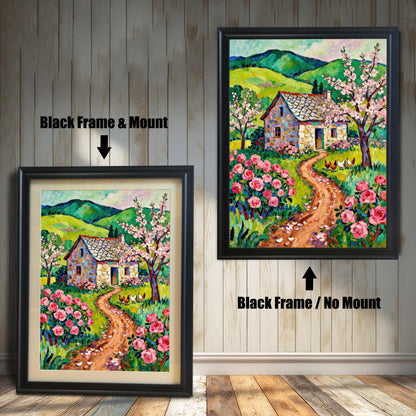 A side-by-side comparison of two black-framed prints of a vibrant cottage painting. The smaller one on the left has a mount (matting), while the larger one on the right has no mount.
