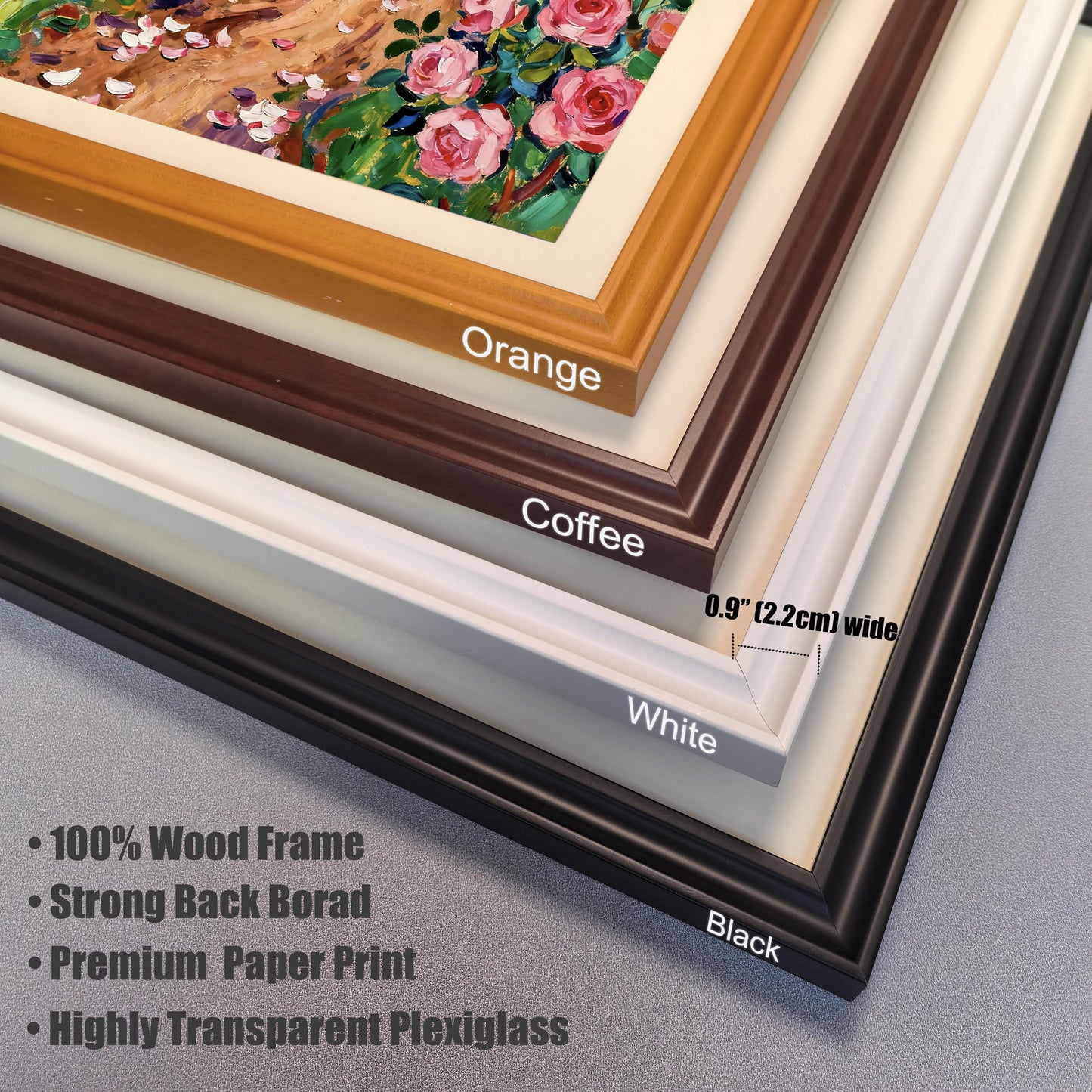 A close-up view showing the corners of four different colored frames: orange, coffee, white, and black. A text overlay describes the frames as "100% Wood" with "Highly Transparent Plexiglass."