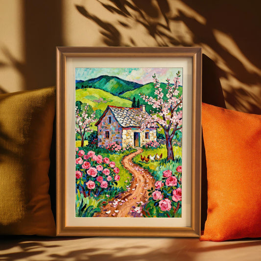 A framed painting of a cottage with a rose garden. The frame is propped on a beige couch between two pillows, with a leafy shadow cast from above.
