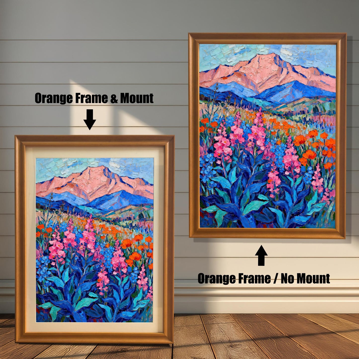 A side-by-side comparison of two orange-framed prints of a vibrant oil painting. The print on the left is smaller with a mount (matting), while the larger one on the right has no mount.