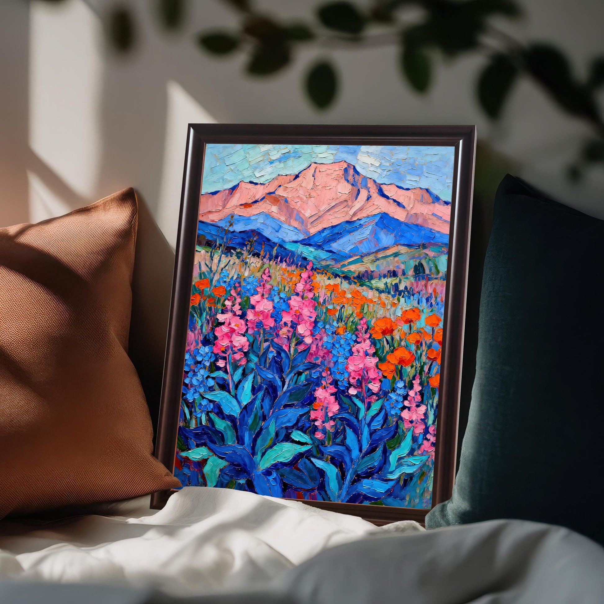A framed, textured oil painting of a field of wildflowers and a pink mountain. The frame is propped on a couch with two pillows under soft shadows.