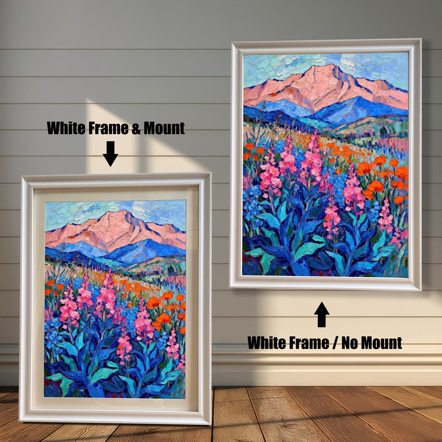 A side-by-side comparison of two white-framed prints of a vibrant oil painting. The print on the left is smaller with a mount (matting), while the larger one on the right has no mount.