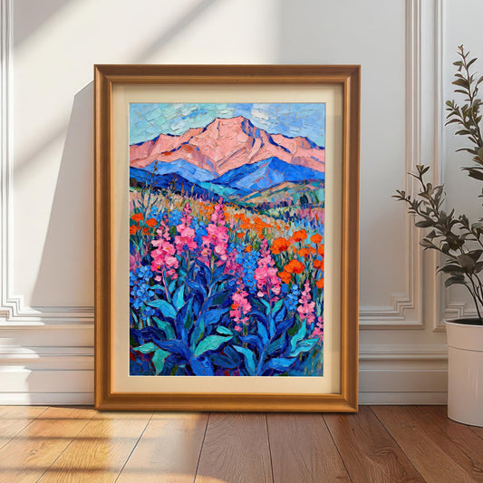 A framed oil painting of a vibrant mountain and wildflower landscape. The orange-colored frame is propped against a white wainscoted wall next to a potted plant.