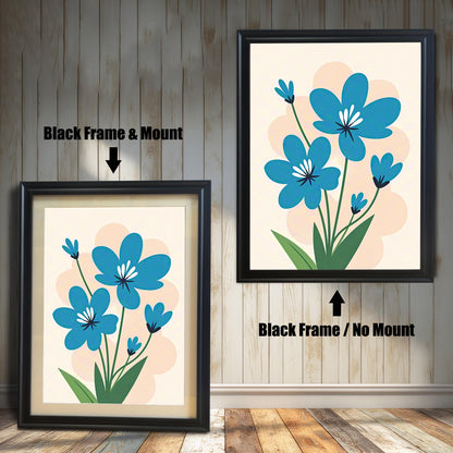 A side-by-side comparison of two black-framed prints of a blue flower painting. The smaller one on the left has a mount, and the larger one on the right has no mount.