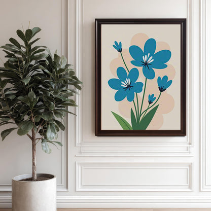 A framed painting of blue flowers hanging on a white wall. The dark coffee-colored frame complements the wall and a large potted tree on the floor.