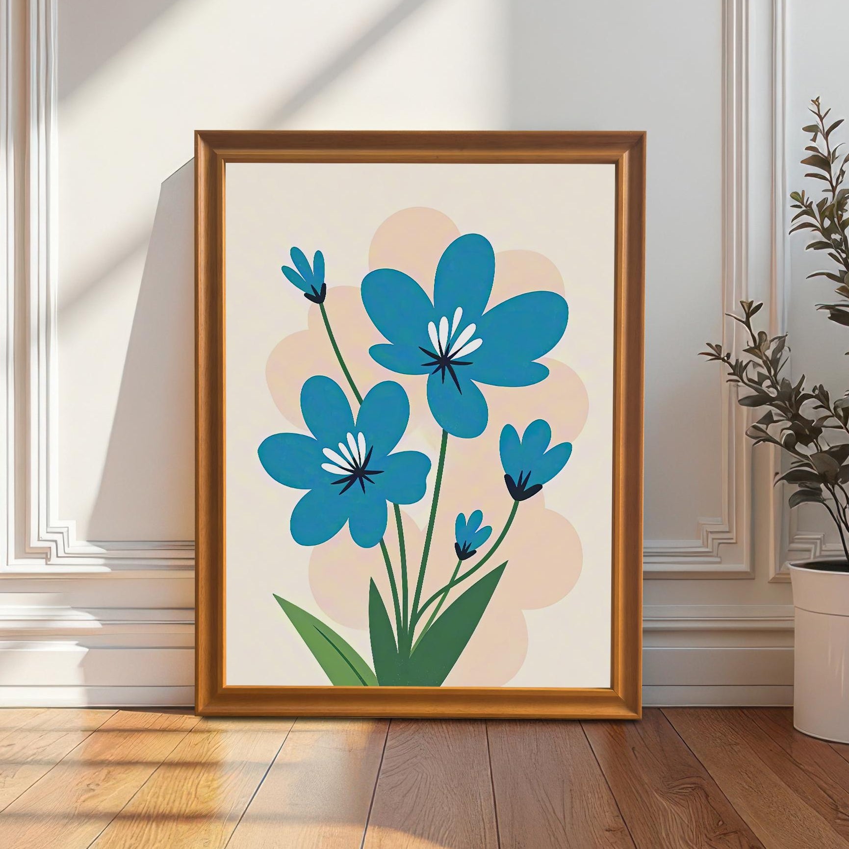 An orange-framed painting of stylized blue flowers leaning against a white wainscoted wall. A potted plant sits to the right, and sunlight casts shadows on the floor.