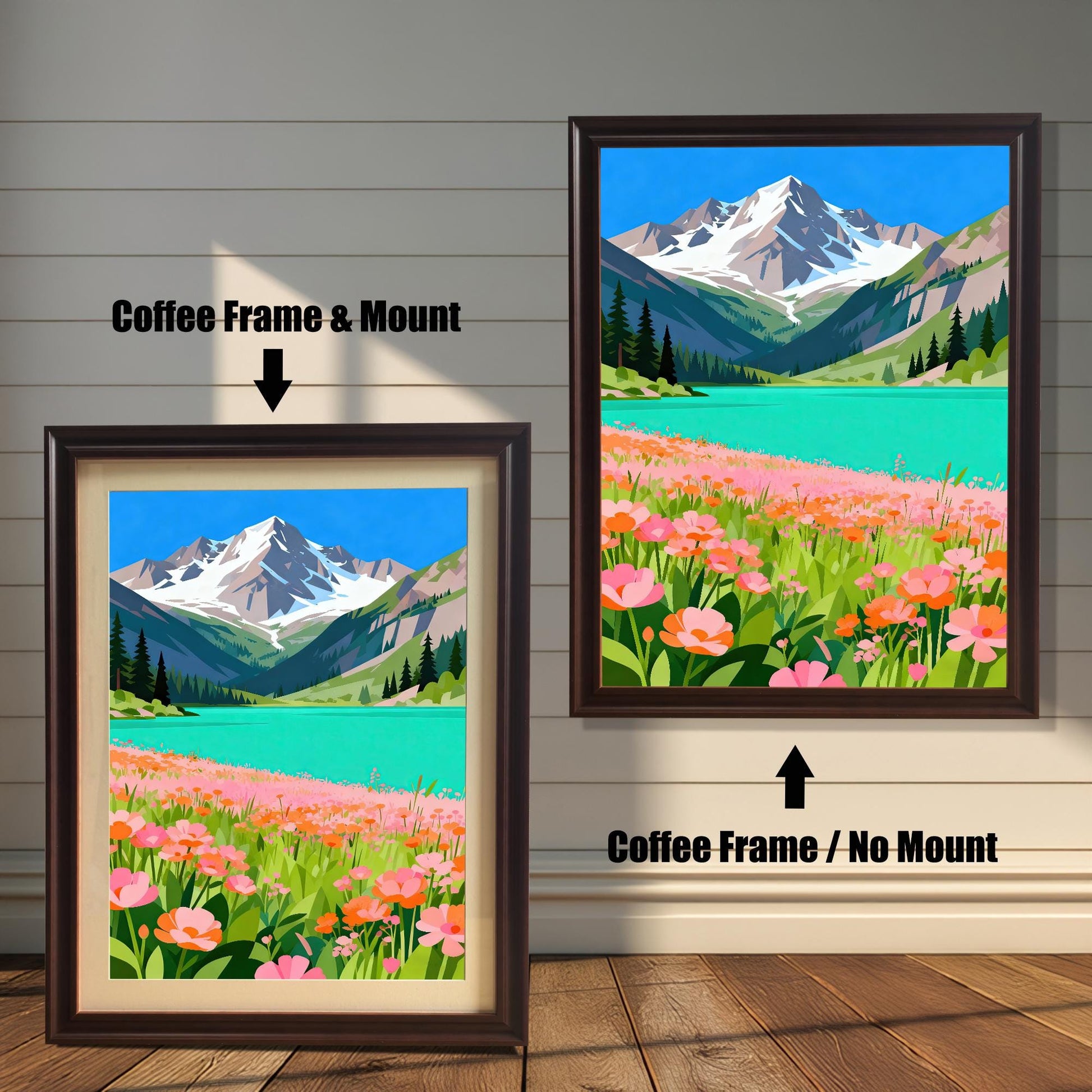 A side-by-side comparison of two coffee-colored framed prints of a mountain and lake painting. The smaller one on the left has a mount, and the larger one on the right has no mount.