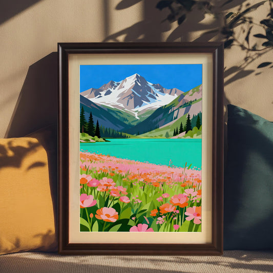 A framed painting of a serene landscape with a turquoise lake, a vibrant field of pink and orange flowers, and a snow-capped mountain under a bright blue sky. The frame is propped on a couch with pillows.