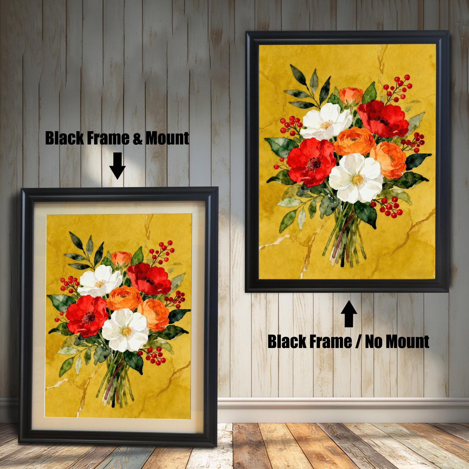 A framed watercolor print of a red, white, and orange floral bouquet in a black frame, shown with and without a white mat, displayed against a rustic wood-paneled wall.