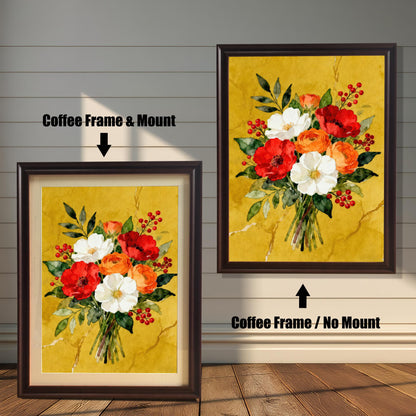 A framed watercolor print of a red, white, and orange floral bouquet in a coffee-colored frame, shown with and without a white mat, displayed against a rustic wood-paneled wall.