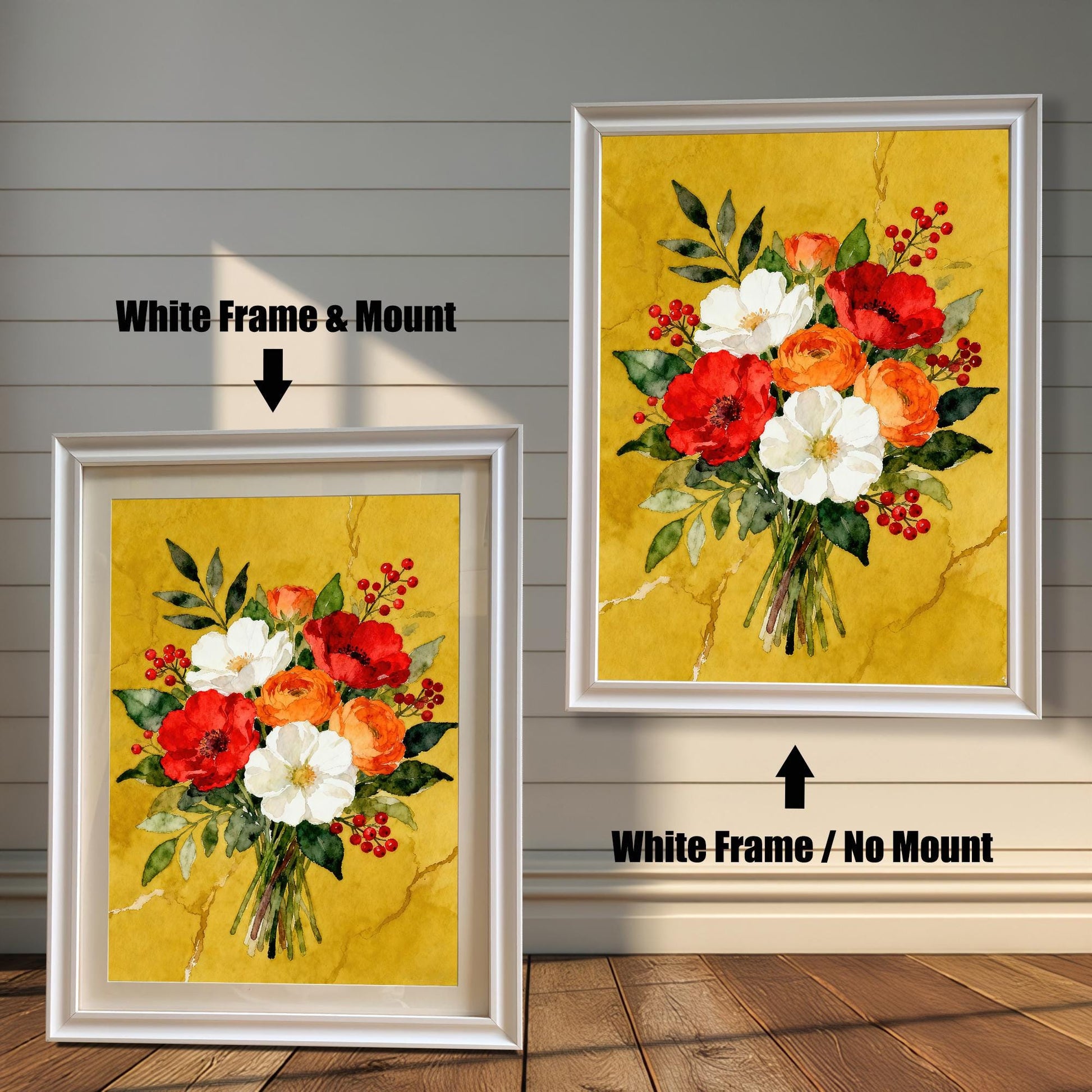A framed watercolor print of a red, white, and orange floral bouquet in a white frame, shown with and without a white mat, displayed against a rustic wood-paneled wall.