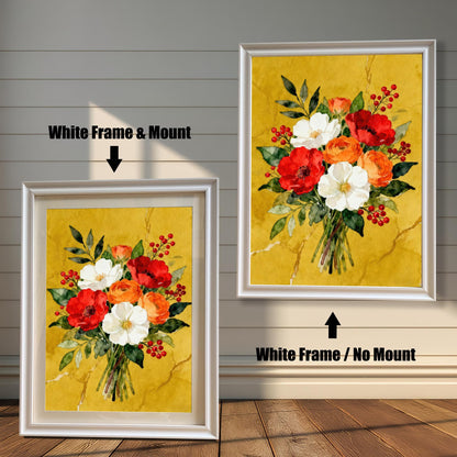 A framed watercolor print of a red, white, and orange floral bouquet in a white frame, shown with and without a white mat, displayed against a rustic wood-paneled wall.
