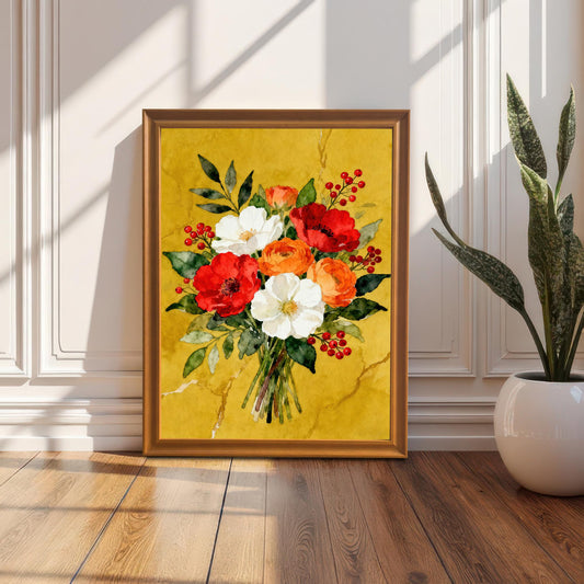 A framed watercolor print of a red, white, and orange floral bouquet in a gold frame propped on a wooden floor next to a white wainscoted wall with a houseplant to its right.