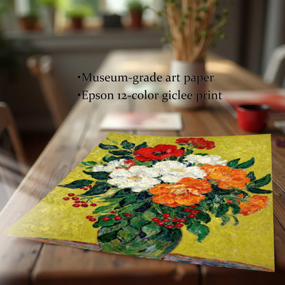 A flat-lay photo of a painting of red, white, and orange flowers on a wooden table. Text on the image highlights that the print is on museum-grade art paper.