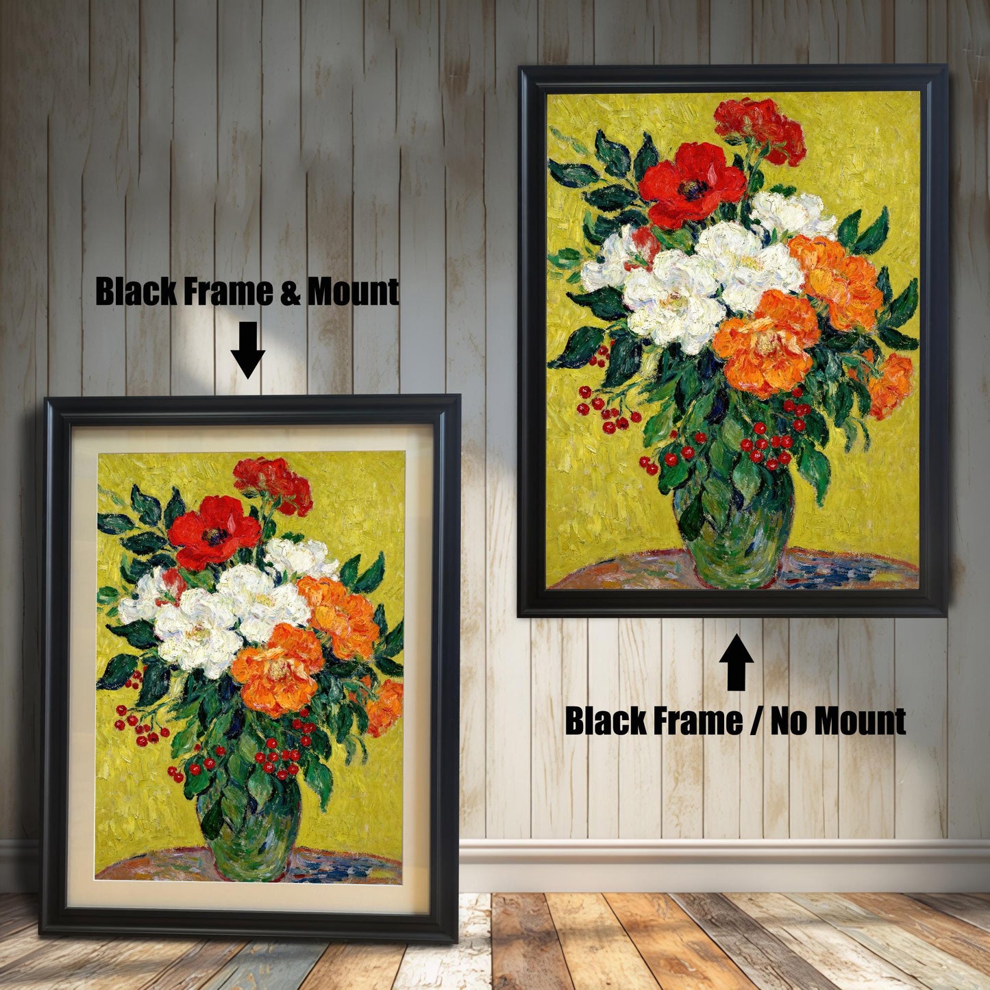 A painting of red, white, and orange flowers in a black frame, shown with and without a white mat, displayed against a rustic wood-paneled wall.