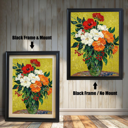 A painting of red, white, and orange flowers in a black frame, shown with and without a white mat, displayed against a rustic wood-paneled wall.