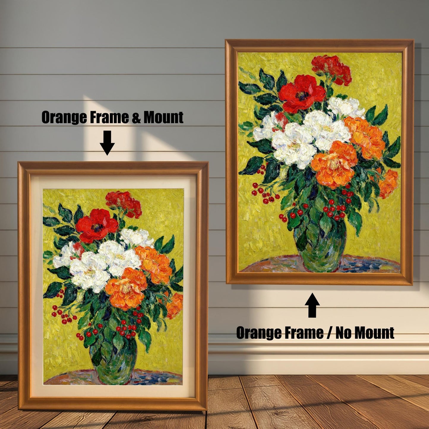 A painting of red, white, and orange flowers in an orange frame, shown with and without a white mat, displayed against a rustic wood-paneled wall.